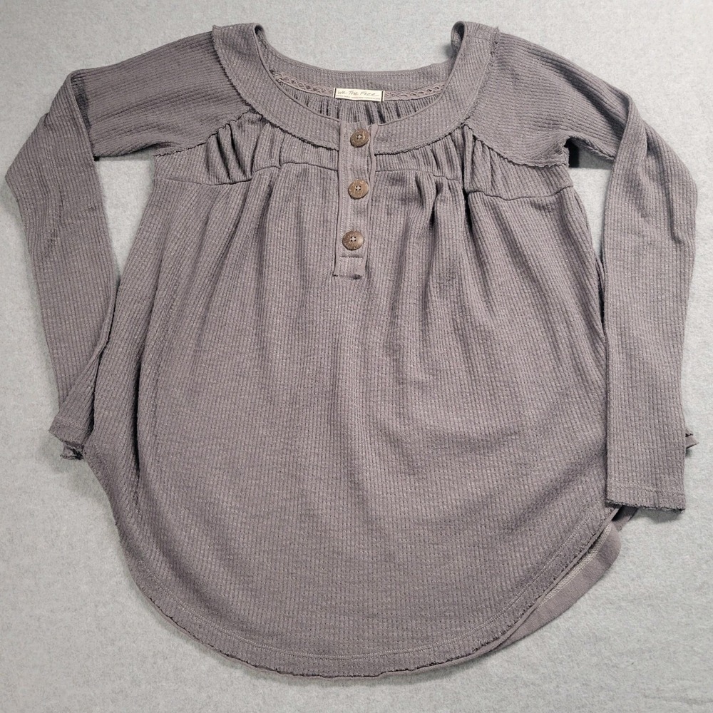Free People We The Free Purple Waffle Knit Henley Thermal Top Size XS Gray